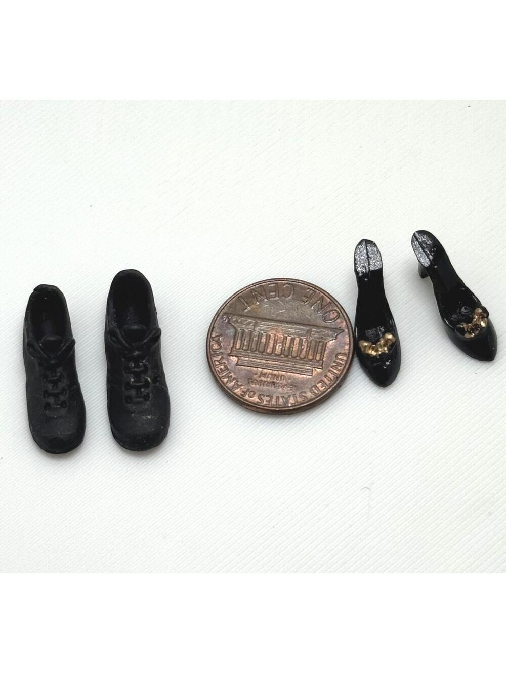 Miniature Sneakers & Heels Dollhouse Lot of 2 Pair Shoes Black Sandal Pump Gold